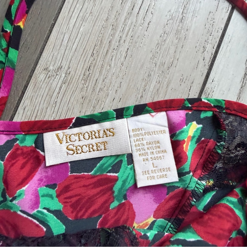 Vintage Victoria’s Secret gold  label Floral Lace Trim Satin Slip Dress size L - Picture 2 of 5